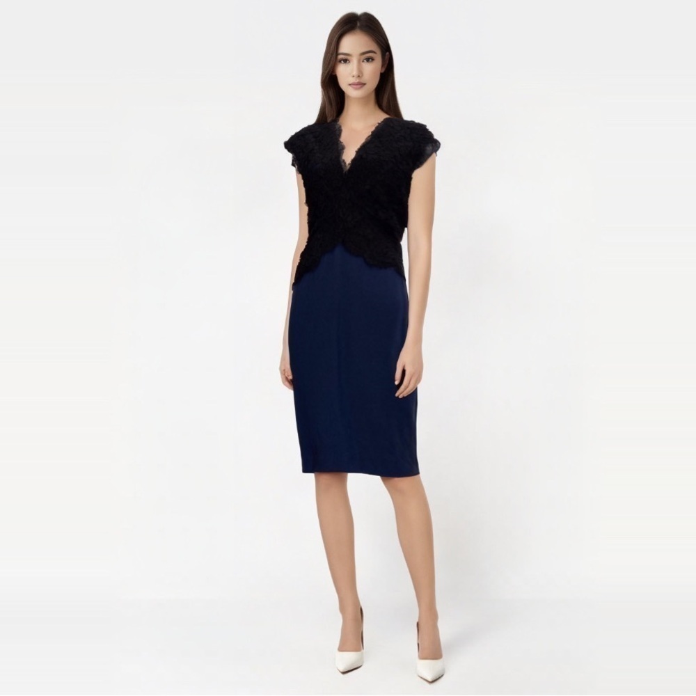 Reem Acra Navy Silk-faille & Black Lace Dress
